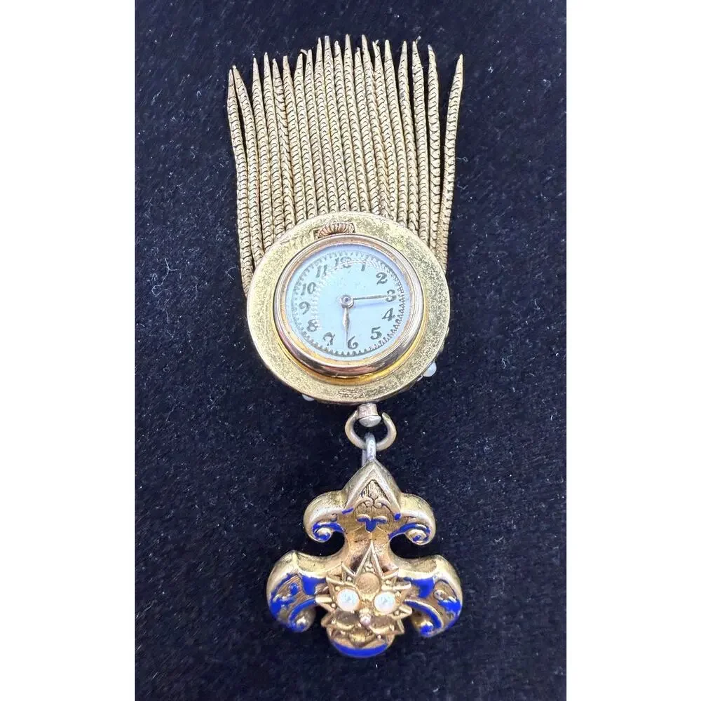 Antique Gold Tone Blue Enamel & Pearl Watch Brooch